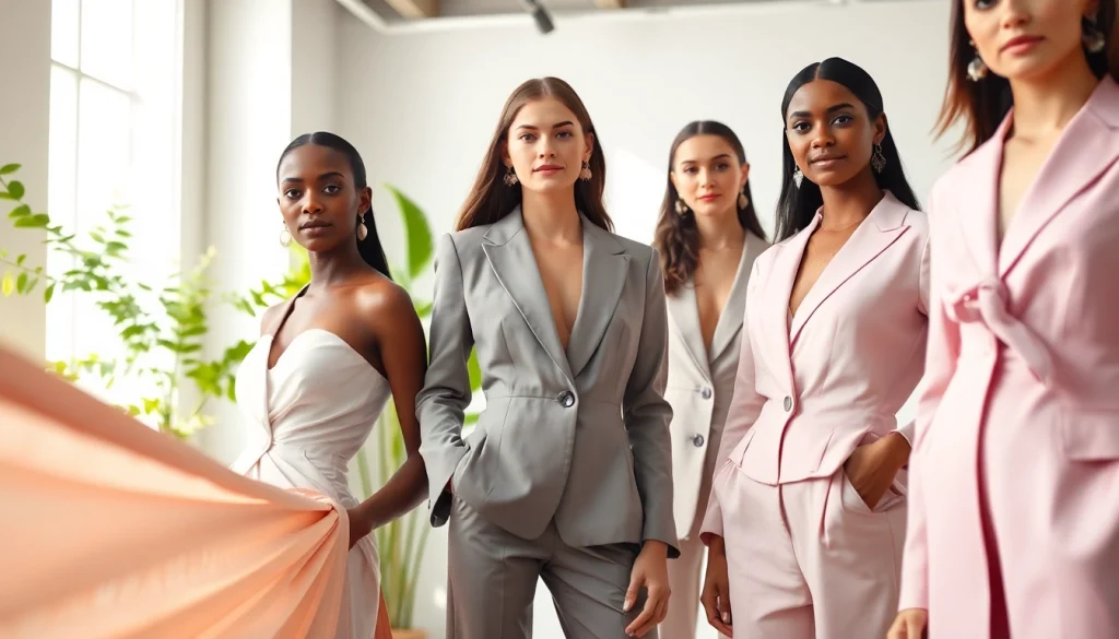 Rivelle clothing showcased by professional models in a bright studio setting.