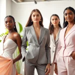 Rivelle clothing showcased by professional models in a bright studio setting.