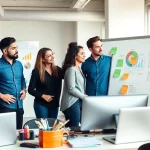 Engaging teamwork in Smart Marketing showcased through a collaborative office scene with diverse professionals.