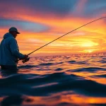 Casting a line for saltwater fly fishing with beautiful sunset background.