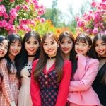 blackpink members pose together in colorful outfits showcasing their unique personalities in a garden.