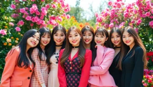 blackpink members pose together in colorful outfits showcasing their unique personalities in a garden.