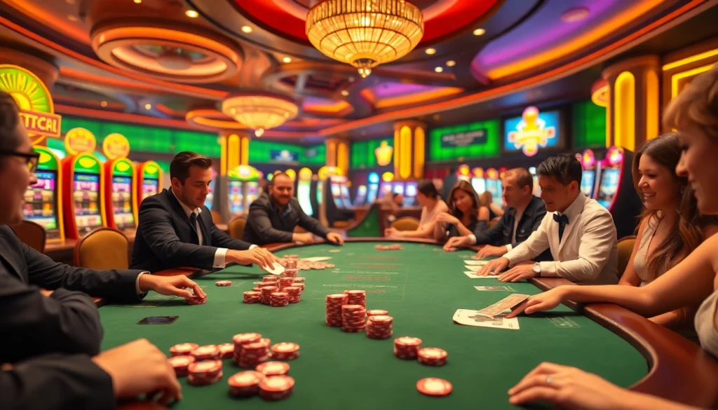 Players strategizing at a poker table while engaging with hidden wiki link theme in vibrant casino ambiance.
