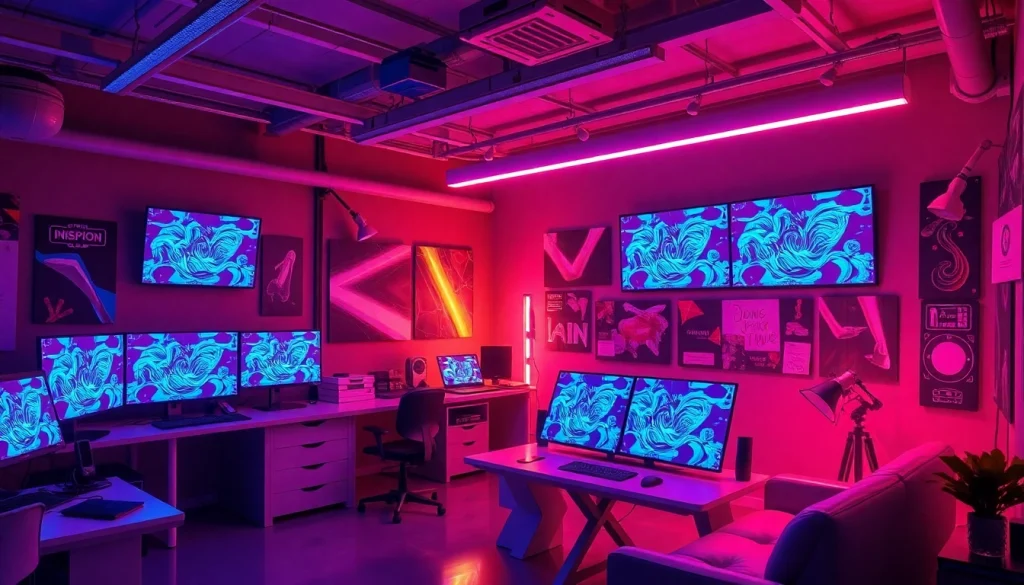 Futuristic digital studio showcasing NSFW AI creations with innovative technology.