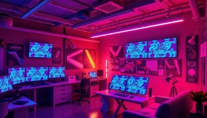 Futuristic digital studio showcasing NSFW AI creations with innovative technology.