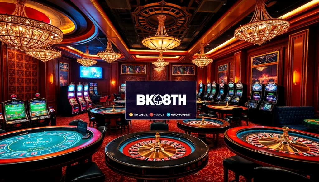 Players enjoying high-stakes gaming at BK8TH online casino with vibrant tables and a luxurious atmosphere.