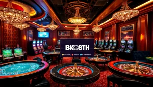 Players enjoying high-stakes gaming at BK8TH online casino with vibrant tables and a luxurious atmosphere.