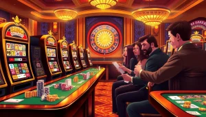 Pemain yang terlibat menjelajahi pengalaman slot demo Mahjong dalam suasana kasino yang hidup.