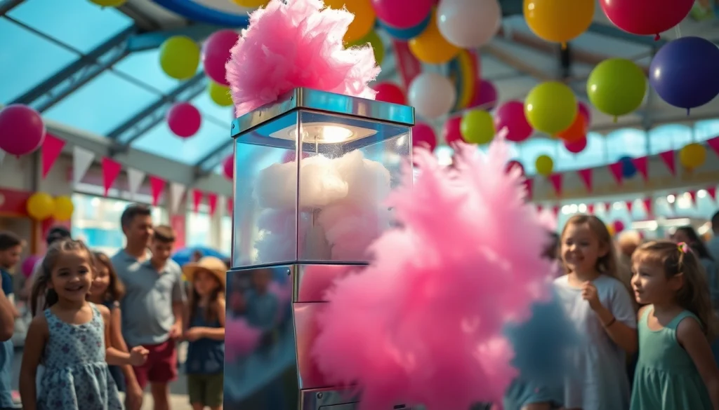 Visueel van absorberende werking in een suikerspinmachine op een vrolijk festival.