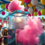 Visueel van absorberende werking in een suikerspinmachine op een vrolijk festival.