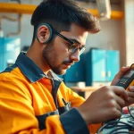 Electrician apprenticeship hawaii with a focused apprentice working on wiring in a bright workshop.
