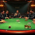 RR88 poker game with high-value chips and tense players in a luxurious casino scene