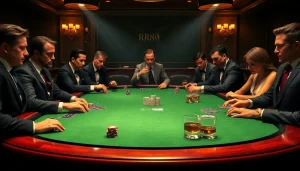 RR88 poker game with high-value chips and tense players in a luxurious casino scene