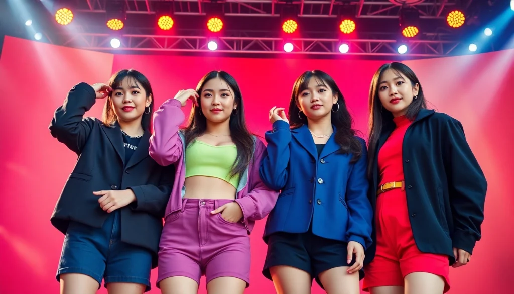 Four blackpink members showcasing their iconic styles in a vibrant stage setting.