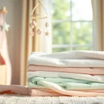 Stof voor pasgeboren baby's mooi gepresenteerd in een gezellige babykamer met pastelkleuren.