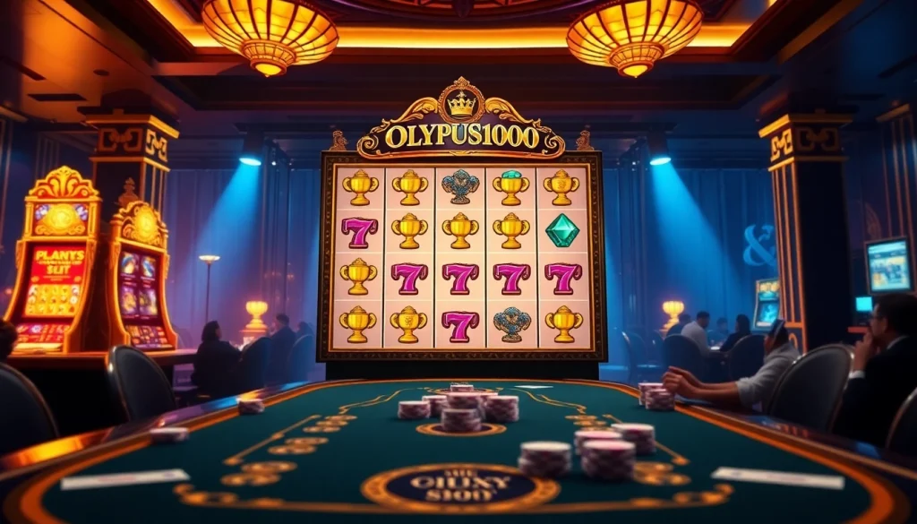 Berinteraksi dengan mesin slot Olympus 1000 di kasino mewah yang penuh semangat.