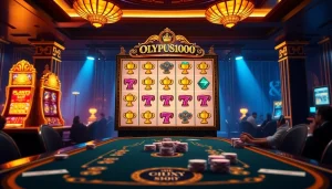 Berinteraksi dengan mesin slot Olympus 1000 di kasino mewah yang penuh semangat.