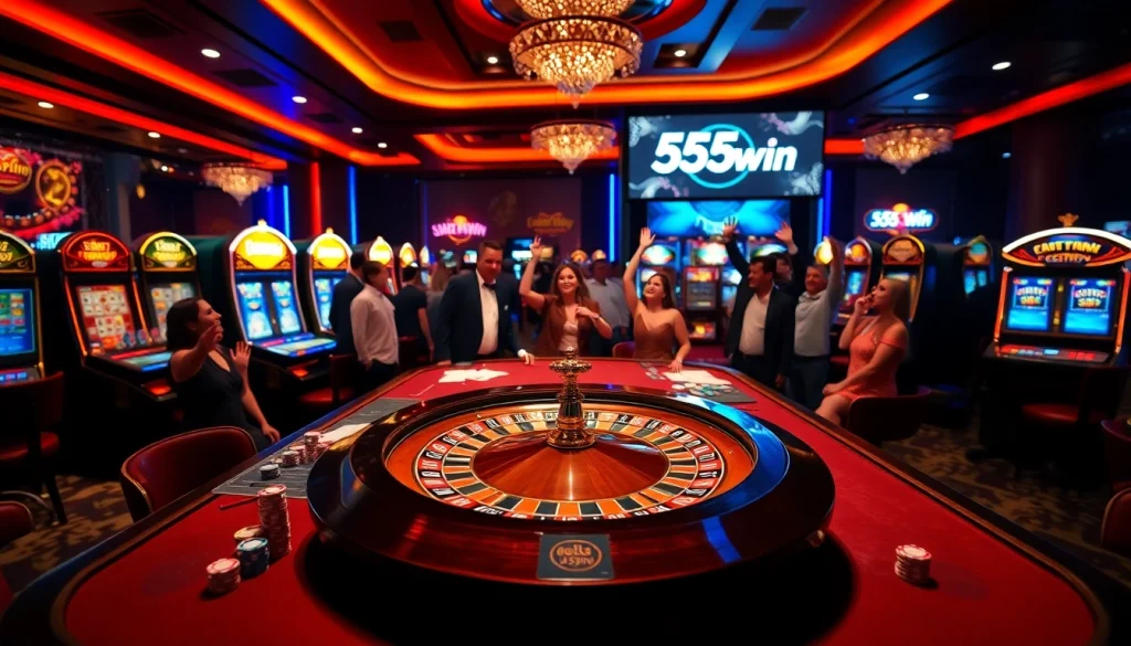 Experience thrilling casino gameplay with 555win, showcasing lively poker and roulette action.
