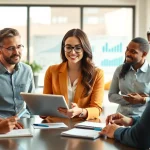 Engage with an outsourced marketing director leading a team meeting in a bright, modern office.
