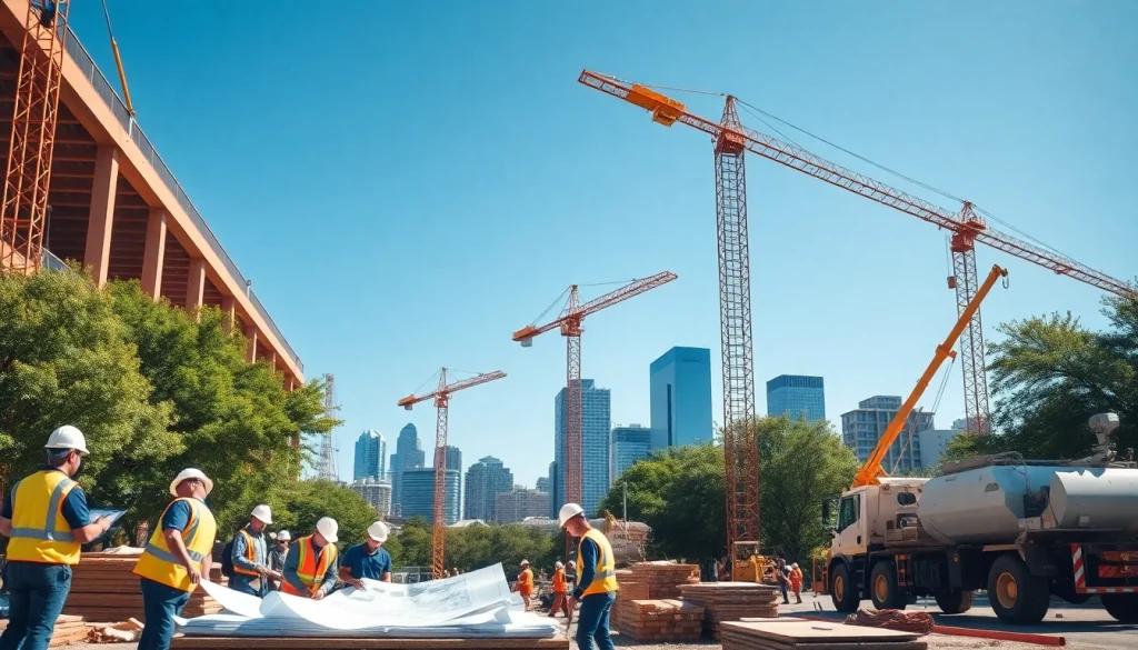 Austin construction team collaborating on a modern building site, showcasing teamwork and innovation.