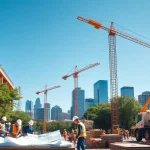 Austin construction team collaborating on a modern building site, showcasing teamwork and innovation.