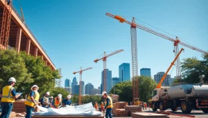 Austin construction team collaborating on a modern building site, showcasing teamwork and innovation.