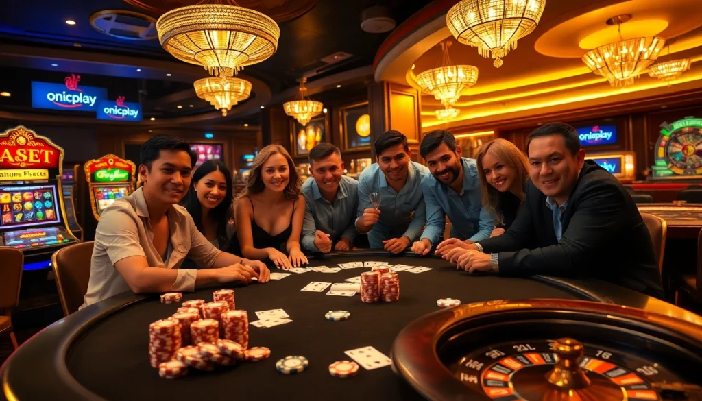 Experience the thrill of onicplay with vibrant casino elements, poker chips, and engaged players.