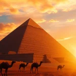 Witness the grandeur of the pyramids with the Great Pyramid at sunset, showcasing its monumental structure.