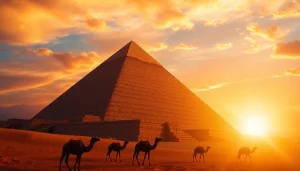 Witness the grandeur of the pyramids with the Great Pyramid at sunset, showcasing its monumental structure.