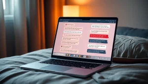 Engaging NSFW AI chat displayed on a modern laptop in a cozy, intimate setting.