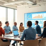 Evaluate growth strategy trends during an engaging business meeting with diverse team members.