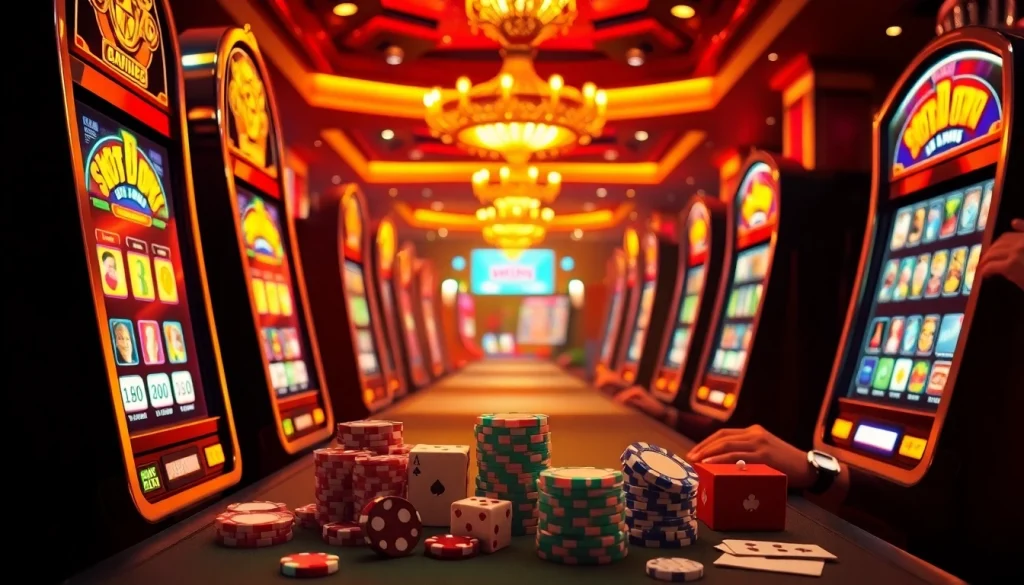 Para pemain meraih kemenangan besar di mesin Slot Depo 1K dalam suasana kasino yang hidup.