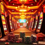 Para pemain meraih kemenangan besar di mesin Slot Depo 1K dalam suasana kasino yang hidup.