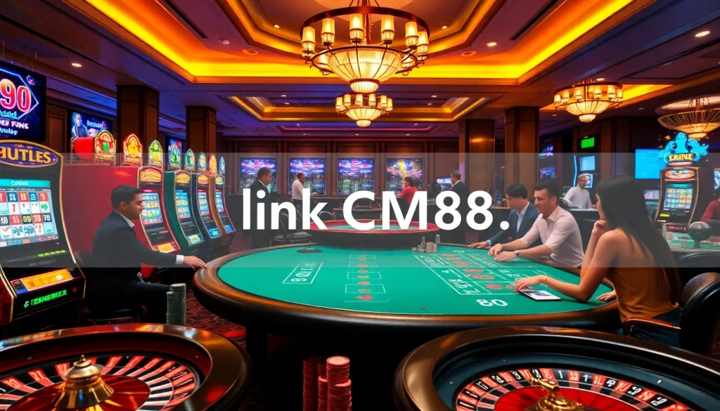 Exciting casino atmosphere with players engaging in games featuring link CM88.