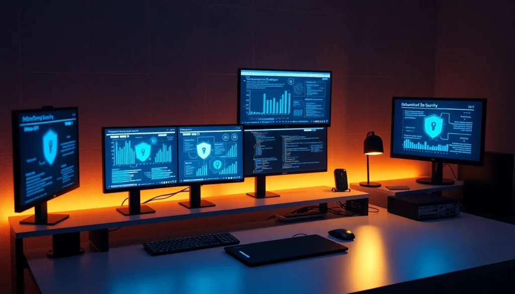 Modern workspace showcasing infosec with monitors displaying cybersecurity data and analytics.