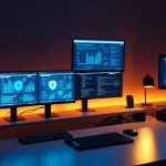 Modern workspace showcasing infosec with monitors displaying cybersecurity data and analytics.