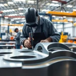 Expert craftsmen engaged in custom steel fabrication within a modern workshop environment.