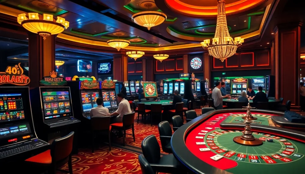 Experience the excitement of idnslot at a luxurious casino with vibrant slot machines and tables.