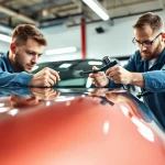 Applying ceramic coating near me to a vehicle in a bright auto detailing studio.