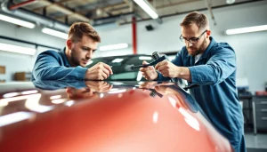 Applying ceramic coating near me to a vehicle in a bright auto detailing studio.