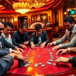 Engaged gamblers playing poker at a luxurious table, showcasing excitement for https://taigo88.team/.
