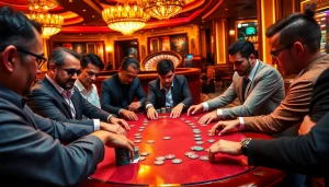 Engaged gamblers playing poker at a luxurious table, showcasing excitement for https://taigo88.team/.