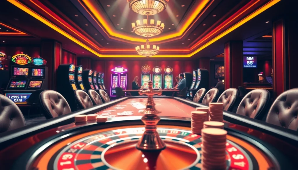 Players enjoying a thrilling game at MM 88 casino, surrounded by vibrant slot machines and poker tables.