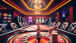 Players enjoying a thrilling game at MM 88 casino, surrounded by vibrant slot machines and poker tables.