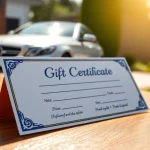 Car detailing gift certificate elegantly displayed on a wooden surface with a clean car backdrop.