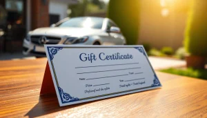 Car detailing gift certificate elegantly displayed on a wooden surface with a clean car backdrop.