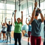 Resistance bands for pull-ups being used in a bright, modern gym setting with diverse individuals exercising.
