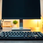 Typing center setup showcasing a mechanical keyboard in a modern office environment.