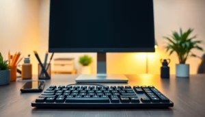 Typing center setup showcasing a mechanical keyboard in a modern office environment.