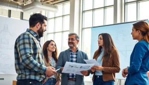 Leaders of the southern california contractors association engaging in a strategic planning session with blueprints.